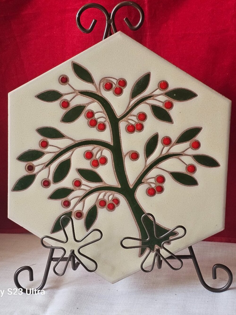 Vintage 1984 Cherry Tree Hexagonal Ceramic Tile / trivet